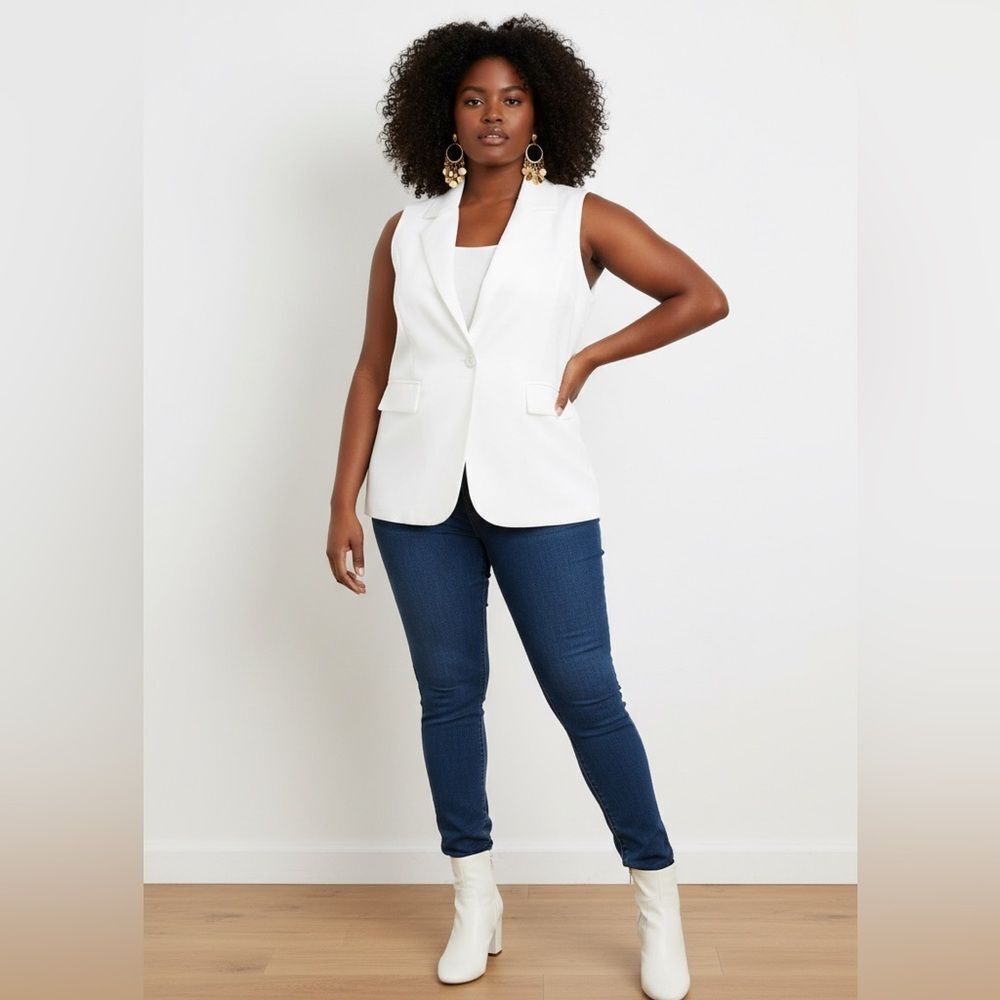 NWOT Women’s Spring Summer White Sleeveless Blazer Vest Flap Faux Pocket - Large